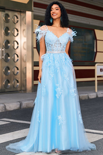 Splendida linea Off the Shoulder Abito da ballo corsetto azzurro con piume
